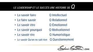 • Le savoir faire Q Intellectuel
• Le faire savoir Q Relationnel
• Le savoir être Q Émotionnel
• Le savoir pourquoi Q Motivationnel
• Le savoir rire Q Humoristique
• Le savoir Qu’on ne sait rien Q Questionnement
LE LEADERSHIP ET LE SUCCÈS UNE HISTOIRE DE Q
 