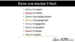 • Valoriser le respect
• Valoriser les efforts
• Valoriser une attitude positive
• Valoriser l’encouragement
• Valoriser l’engagement
• Valoriser la discipline
• Valoriser l’entraide
• Valoriser le plaisir
 