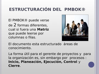 ESTRUCTURACIÓN DEL PMBOK®

El PMBOK® puede verse
de 2 formas diferentes,
cual si fuera una Matriz
que puede leerse por
columnas o filas.

El documento esta estructurado áreas de
conocimiento.
La forma útil para el gerente de proyectos y para
la organización es, sin embargo por procesos :
Inicio, Planeación, Ejecución, Control y
Cierre.
 