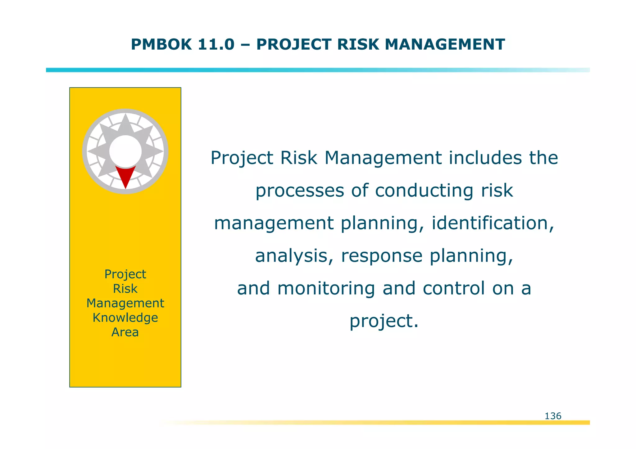 Template:NP00-00-000-ZP-A-PT-0001-000A01
Project
Risk
Management
Knowledge
Area
136
PMBOK 11.0 – PROJECT RISK MANAGEMENT
Project Risk Management includes the
processes of conducting risk
management planning, identification,
analysis, response planning,
and monitoring and control on a
project.
 