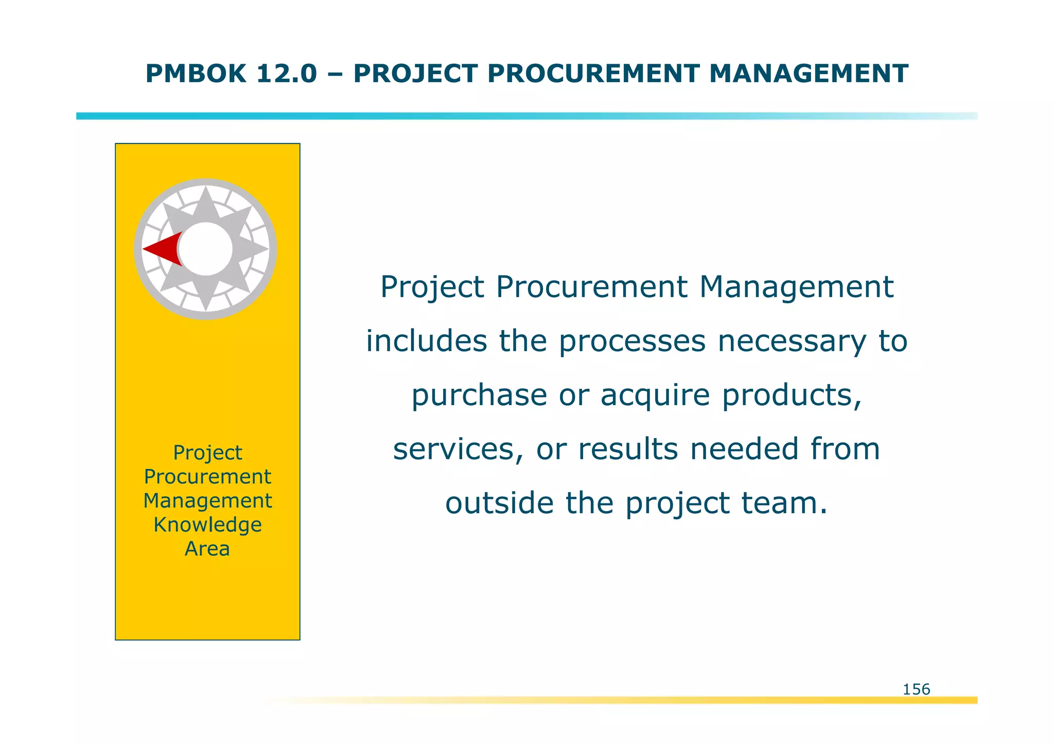 Template:NP00-00-000-ZP-A-PT-0001-000A01
Project Procurement Management
includes the processes necessary to
purchase or acquire products,
services, or results needed from
outside the project team.
Project
Procurement
Management
Knowledge
Area
PMBOK 12.0 – PROJECT PROCUREMENT MANAGEMENT
156
 