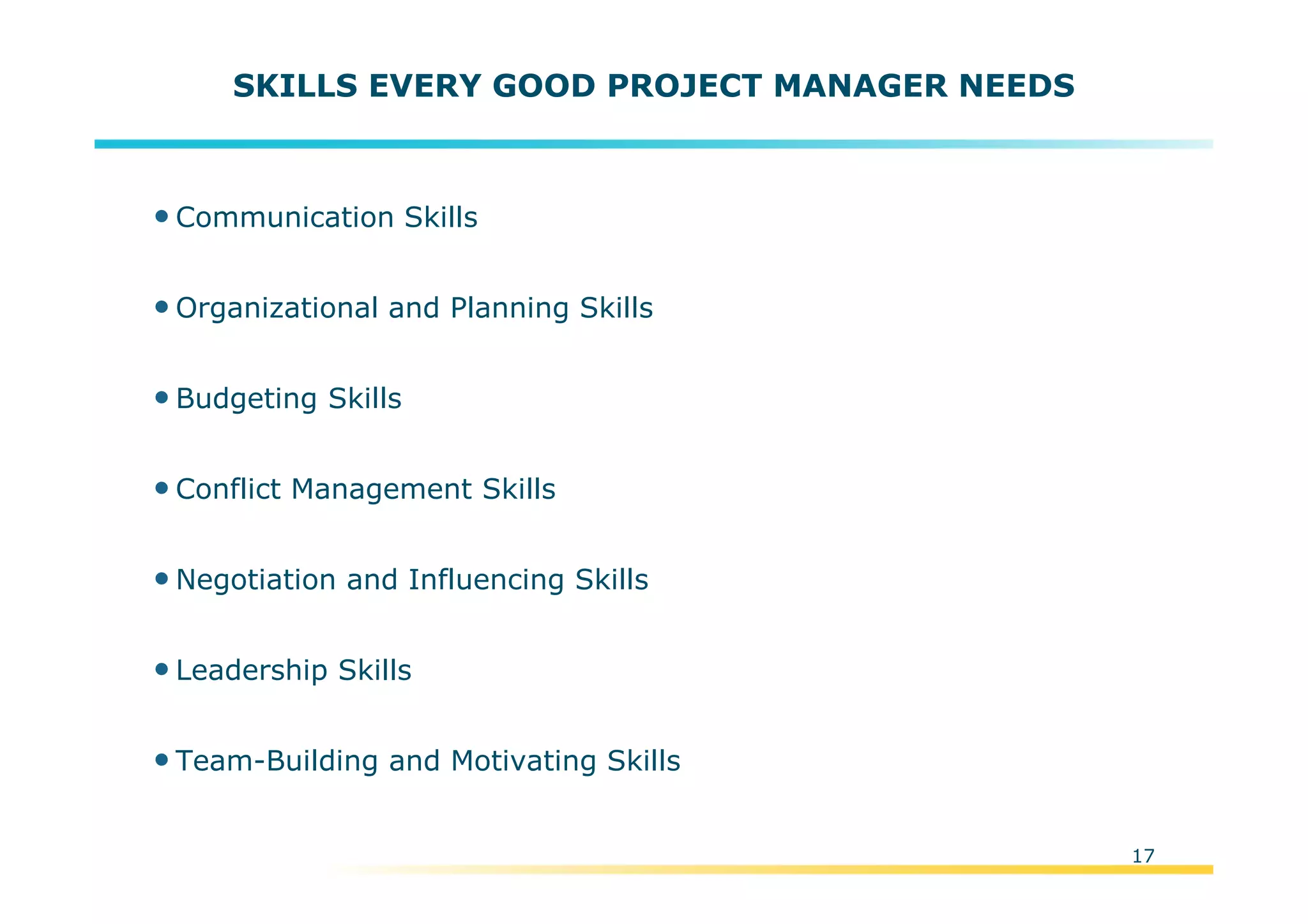 Template:NP00-00-000-ZP-A-PT-0001-000A01
17
SKILLS EVERY GOOD PROJECT MANAGER NEEDS
•Communication Skills
•Organizational and Planning Skills
•Budgeting Skills
•Conflict Management Skills
•Negotiation and Influencing Skills
•Leadership Skills
•Team-Building and Motivating Skills
 