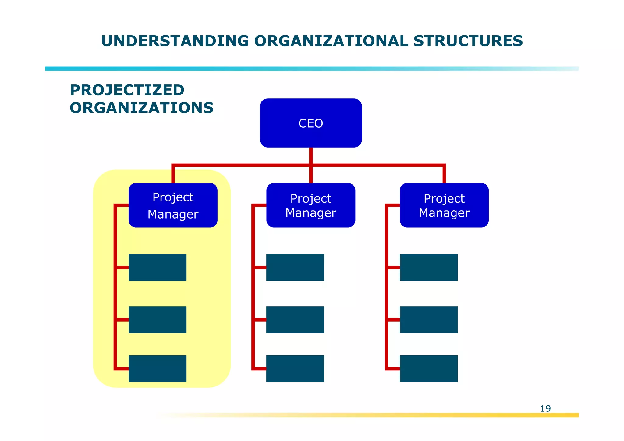 Template:NP00-00-000-ZP-A-PT-0001-000A01
19
UNDERSTANDING ORGANIZATIONAL STRUCTURES
Project
Manager
Project
Manager
Project
Manager
CEO
PROJECTIZED
ORGANIZATIONS
 
