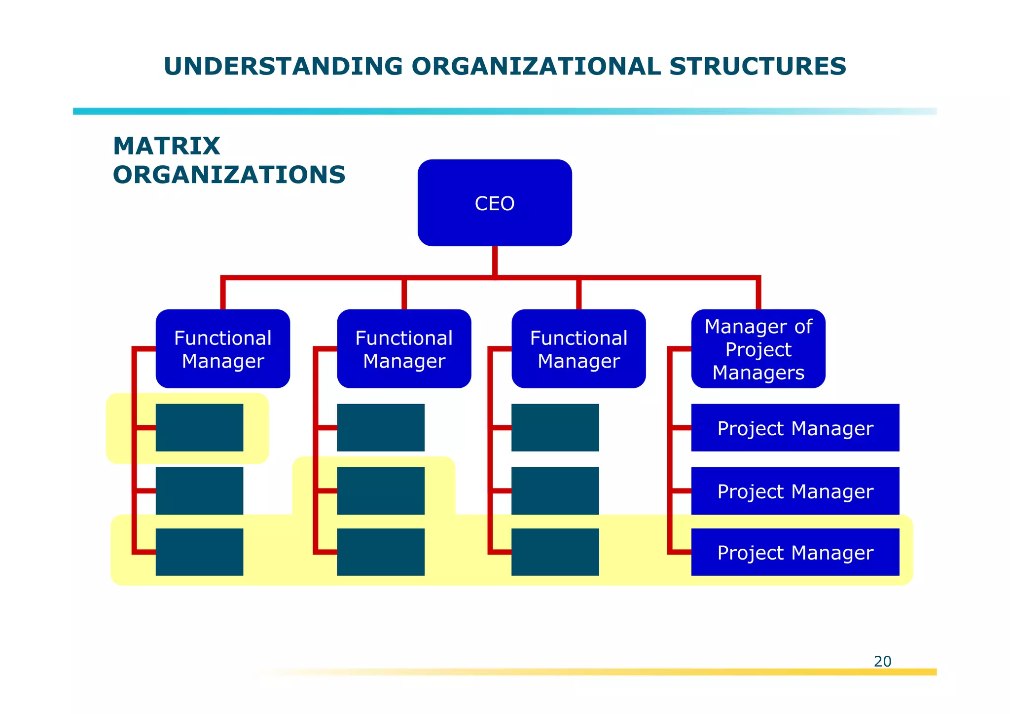 Template:NP00-00-000-ZP-A-PT-0001-000A01
20
UNDERSTANDING ORGANIZATIONAL STRUCTURES
Functional
Manager
Functional
Manager
Functional
Manager
CEO
Project Manager
Project Manager
Project Manager
Manager of
Project
Managers
MATRIX
ORGANIZATIONS
 