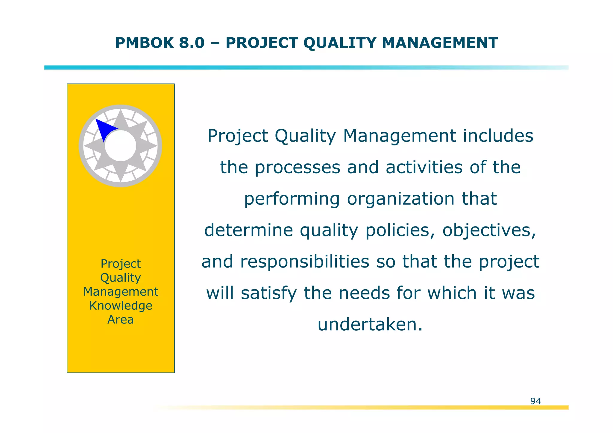 Template:NP00-00-000-ZP-A-PT-0001-000A01
Project Quality Management includes
the processes and activities of the
performing organization that
determine quality policies, objectives,
and responsibilities so that the project
will satisfy the needs for which it was
undertaken.
Project
Quality
Management
Knowledge
Area
94
PMBOK 8.0 – PROJECT QUALITY MANAGEMENT
 