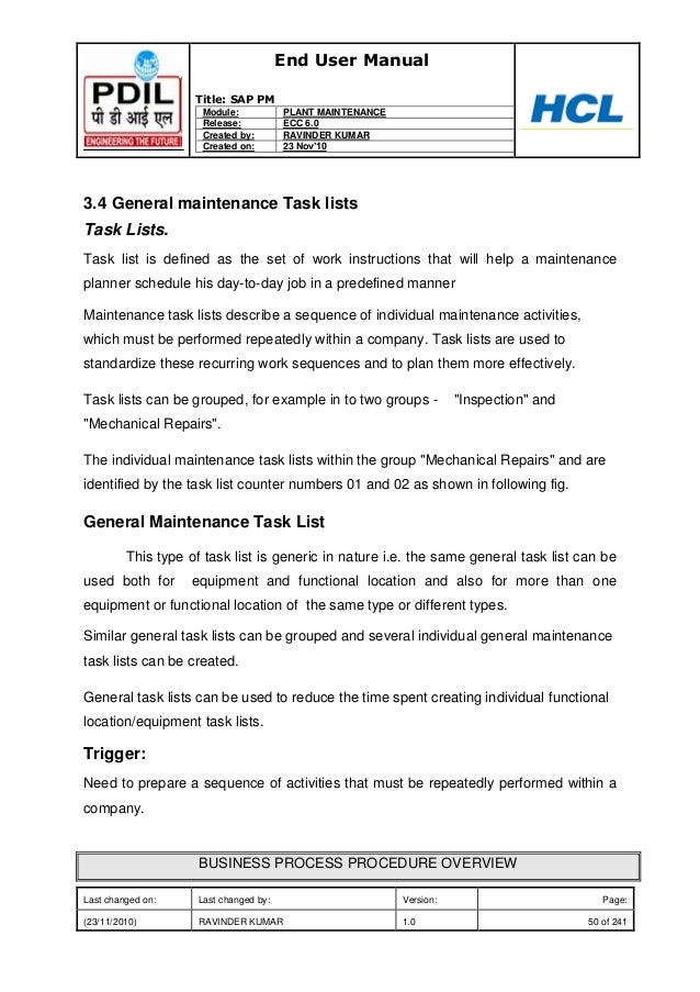 pm imp book maintenance task list