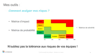 Mes outils :
9
Comment analyser mes risques ?
24 FÉVRIER 2020 Communauté de pratique - Gestion de risque
• Matrice d’impact
• Matrice de probabilité
Improbable Probable
Hautement
Probable
Quasi certain
1% 15% 50% 85% 99%
Sévère
Majeur
Modéré
Faible
• Matrice de sévérité
N’oubliez pas la tolérance aux risques de vos équipes !
 