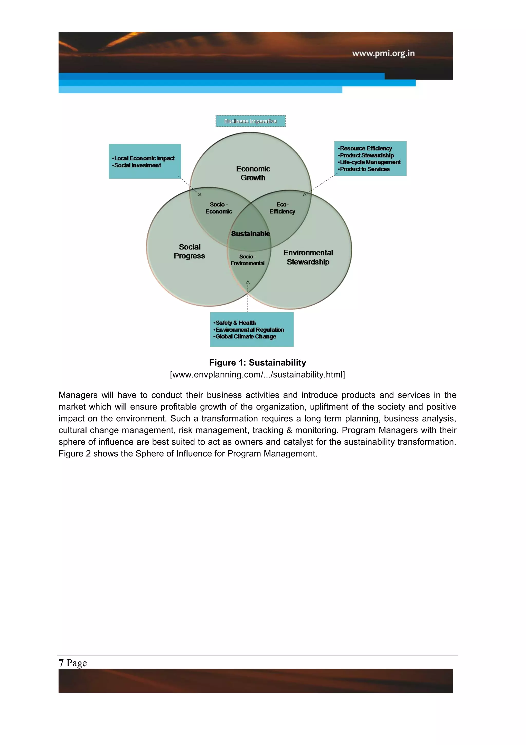 Figure 1: Sustainability
                             [www.envplanning.com/.../sustainability.html]

Managers will have to conduct their business activities and introduce products and services in the
market which will ensure profitable growth of the organization, upliftment of the society and positive
impact on the environment. Such a transformation requires a long term planning, business analysis,
cultural change management, risk management, tracking & monitoring. Program Managers with their
sphere of influence are best suited to act as owners and catalyst for the sustainability transformation.
Figure 2 shows the Sphere of Influence for Program Management.




7 Page
 