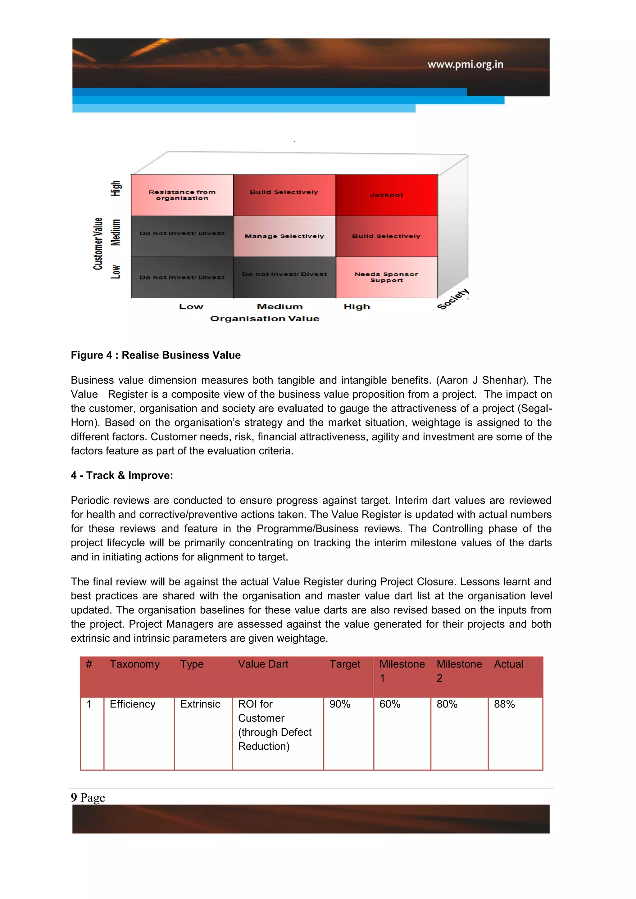 Figure 4 : Realise Business Value

Business value dimension measures both tangible and intangible benefits. (Aaron J Shenhar). The
Value Register is a composite view of the business value proposition from a project. The impact on
the customer, organisation and society are evaluated to gauge the attractiveness of a project (Segal-
Horn). Based on the organisation’s strategy and the market situation, weightage is assigned to the
different factors. Customer needs, risk, financial attractiveness, agility and investment are some of the
factors feature as part of the evaluation criteria.

4 - Track & Improve:

Periodic reviews are conducted to ensure progress against target. Interim dart values are reviewed
for health and corrective/preventive actions taken. The Value Register is updated with actual numbers
for these reviews and feature in the Programme/Business reviews. The Controlling phase of the
project lifecycle will be primarily concentrating on tracking the interim milestone values of the darts
and in initiating actions for alignment to target.

The final review will be against the actual Value Register during Project Closure. Lessons learnt and
best practices are shared with the organisation and master value dart list at the organisation level
updated. The organisation baselines for these value darts are also revised based on the inputs from
the project. Project Managers are assessed against the value generated for their projects and both
extrinsic and intrinsic parameters are given weightage.

   #     Taxonomy      Type         Value Dart          Target     Milestone   Milestone    Actual
                                                                   1           2

   1     Efficiency    Extrinsic    ROI for             90%        60%         80%          88%
                                    Customer
                                    (through Defect
                                    Reduction)



9 Page
 