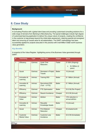 8. Case Study
 Background:
 A Consulting Practice with a global client base and providing customised consulting solutions for a
 wide range of domains from Banking to Manufacturing. The typical challenges include high degree
 of customised learning application to deliver the unique nature of projects, creating the confidence
 in the customer to bag phases beyond the initial state assessment, retaining special and energised
 talent and ensuring an overall value for all stakeholders. The DART methodology has been
 successfully applied for projects executed in this practice with multi Million Dollar worth business
 value generation.

 Key Benefits:

 A snapshot of the Value Register highlighting some of the Business Value generated through
 DART:

     #     Taxonomy         Type        Value Dart            Impact       Value

     1     Efficiency       Extrinsic   Cycle Time            Faster       $ 100K (Ongoing)
                                        Reduction
                                                                                $ 2 Million (2
                                                                                 years)

     2     Social           Extrinsic   Decrease in Project   Better       10 (Annual)
                                        Travels

     3     Innovation &     Intrinsic   Training ROI          Better       $ 1 Million (Annual)
           Learning

     4     Innovation &     Intrinsic   Recruitment ROI       Better       $ 1 Million (Annual)
           Learning                     (Tool - 5 FTE)

     5     Efficiency       Extrinsic   FTE Optimisation      Better       $ 0.5 M (Per Project)

     6.    Efficiency       Extrinsic   Rework Avoidance      Cheaper      $ 0.5 M (Annual)

     7     Employee         Intrinsic   Attrition             Better       10% reduction in
           Value                                                           annual attrition

     8     Innovation &     Intrinsic   Resuable              Better       10 (Annual)
           Learning                     Knowledge Assets

     9     Social           Intrinsic   Print Material        Cheaper      50 sheets/month
                                        Reduction

     10    Customer         Extrinsic   Customer Loss         Better       $ 0.5 M (Immediate)
           Market Value                 Avoidance



12 Page
 