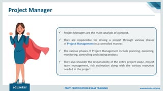 www.edureka.co/pmpPMP® CERTIFICATION EXAM TRAINING
Project Manager
✓ Project Managers are the main catalysts of a project....