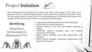 Project Initiation
• The initiating processes determine the nature and scope of the project. If this stage is not
performed well, it is unlikely that the project will be successful in meeting the business’ needs.
The key project controls needed here are an understanding of the business environment and
making sure that all necessary controls are incorporated into the project
• analyzing the needs/requirements in measurable goals
• reviewing of the current operations
• financial analysis of the costs and benefits including a
budget
• stakeholder analysis, including users, and support
personnel for the project
• project charter including costs, tasks, deliverables, and
schedules
• SWOT analysis strengths, weaknesses, opportunities, and
threats to the business
Identifying
 