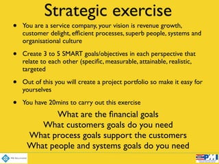 Strategic exercise
• You are a service company, your vision is revenue growth,
customer delight, efﬁcient processes, superb people, systems and
organisational culture	

• Create 3 to 5 SMART goals/objectives in each perspective that
relate to each other (speciﬁc, measurable, attainable, realistic,
targeted	

• Out of this you will create a project portfolio so make it easy for
yourselves	

• You have 20mins to carry out this exercise
What are the ﬁnancial goals	

What customers goals do you need	

What process goals support the customers	

What people and systems goals do you need
 