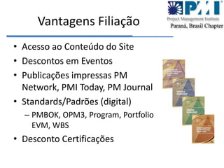 Capítulos: 250 em 70 paísesPMI no BrasilFundação do 1º. Chapter em SP em 1998Presente hoje em 17 EstadosPrioridade máxima para o PMI na América do Sul