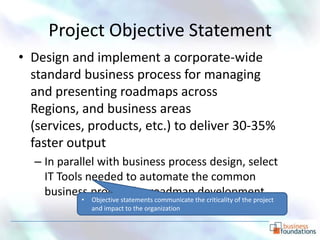 Project Objective Statement
• Design and implement a corporate-wide
  standard business process for managing
  and presenting roadmaps across
  Regions, and business areas
  (services, products, etc.) to deliver 30-35%
  faster output
  – In parallel with business process design, select
    IT Tools needed to automate the common
    business process for roadmap development
           •   Objective statements communicate the criticality of the project
               and impact to the organization
 