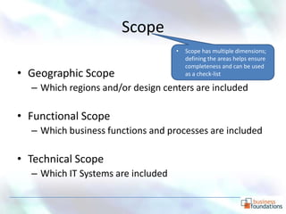 Scope
                                    •   Scope has multiple dimensions;
                                        defining the areas helps ensure
                                        completeness and can be used
• Geographic Scope                      as a check-list

  – Which regions and/or design centers are included

• Functional Scope
  – Which business functions and processes are included

• Technical Scope
  – Which IT Systems are included
 