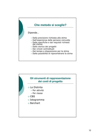 Che metodo si sceglie?

Dipende…

   Dalla precisione richiesta alla stima
   Dall’esperienza delle persone coinvolte
   Dalle specifiche e dai requisiti richiesti
   dal cliente
   Dallo storico dei progetti
   Dai vincoli contrattuali
   Dal tempo a disposizione per la stima
   Dalla possibilità di riparametrare la stima




 Gli strumenti di rappresentazione
        dei costi di progetto

 La Distinta
   Per attività
   Per classe
 CBS
 Istogramma
 Barchart




                                                 12
 
