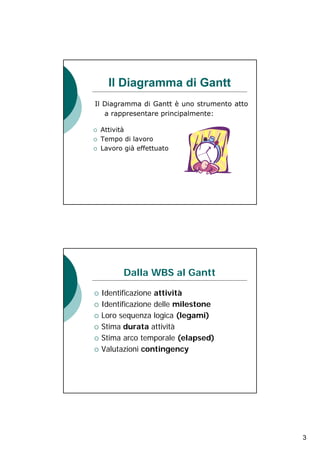 Il Diagramma di Gantt
Il Diagramma di Gantt è uno strumento atto
   a rappresentare principalmente:

 Attività
 Tempo di lavoro
 Lavoro già effettuato




        Dalla WBS al Gantt

 Identificazione attività
 Identificazione delle milestone
 Loro sequenza logica (legami)
 Stima durata attività
 Stima arco temporale (elapsed)
 Valutazioni contingency




                                             3
 