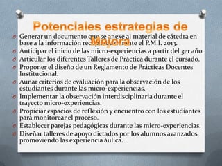 O Generar un documento que se anexe al material de cátedra en
O
O
O
O
O
O
O
O

base a la información recopilada durante el P.M.I. 2013.
Anticipar el inicio de las micro-experiencias a partir del 3er año.
Articular los diferentes Talleres de Práctica durante el cursado.
Proponer el diseño de un Reglamento de Prácticas Docentes
Institucional.
Aunar criterios de evaluación para la observación de los
estudiantes durante las micro-experiencias.
Implementar la observación interdisciplinaria durante el
trayecto micro-experiencias.
Propiciar espacios de reflexión y encuentro con los estudiantes
para monitorear el proceso.
Establecer parejas pedagógicas durante las micro-experiencias.
Diseñar talleres de apoyo dictados por los alumnos avanzados
promoviendo las experiencia áulica.

 