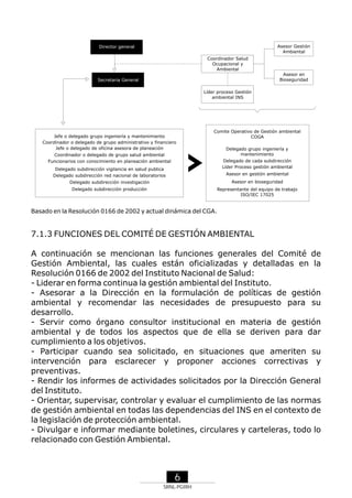 Asesor Gestión
Ambiental

Director general
Coordinador Salud
Ocupacional y
Ambiental

Asesor en
Bioseguridad

Secretaria General
Líder proceso Gestión
ambiental INS

Jefe o delegado grupo ingeniería y mantenimiento
Coordinador o delegado de grupo administrativo y financiero
Jefe o delegado de oficina asesora de planeación

Comite Operativo de Gestión ambiental
COGA
Delegado grupo ingeniería y
mantenimiento

Coordinador o delegado de grupo salud ambiental
Funcionarios con conocimiento en planeación ambiental

Delegado de cada subdirección
Líder Proceso gestión ambiental

Delegado subdirección vigilancia en salud publica
Delegado subdirección red nacional de laboratorios

Asesor en gestión ambiental

Delegado subdirección investigación

Asesor en bioseguridad

Delegado subdirección producción

Representante del equipo de trabajo
ISO/IEC 17025

Basado en la Resolución 0166 de 2002 y actual dinámica del CGA.

7.1.3 FUNCIONES DEL COMITÉ DE GESTIÓN AMBIENTAL
A continuación se mencionan las funciones generales del Comité de
Gestión Ambiental, las cuales están oficializadas y detalladas en la
Resolución 0166 de 2002 del Instituto Nacional de Salud:
- Liderar en forma continua la gestión ambiental del Instituto.
- Asesorar a la Dirección en la formulación de políticas de gestión
ambiental y recomendar las necesidades de presupuesto para su
desarrollo.
- Servir como órgano consultor institucional en materia de gestión
ambiental y de todos los aspectos que de ella se deriven para dar
cumplimiento a los objetivos.
- Participar cuando sea solicitado, en situaciones que ameriten su
intervención para esclarecer y proponer acciones correctivas y
preventivas.
- Rendir los informes de actividades solicitados por la Dirección General
del Instituto.
- Orientar, supervisar, controlar y evaluar el cumplimiento de las normas
de gestión ambiental en todas las dependencias del INS en el contexto de
la legislación de protección ambiental.
- Divulgar e informar mediante boletines, circulares y carteleras, todo lo
relacionado con Gestión Ambiental.

6
SRNL-PGIRH

 