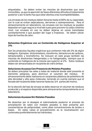 etiquetados. Se deben evitar las mezclas de disolventes que sean
inmiscibles, ya que la aparición de fases diferentes dificulta el tratamiento
posterior y por lo tanto hay que estar atentos a las incompatibilidades.
Los envases de los residuos deben llenarse hasta el 80% de su capacidad,
con lo cual se evitan salpicaduras, derrames o sobrepresiones. Para el
almacenamiento en laboratorio, los envases con los residuos se pueden
depositar en lugar seguro a nivel del suelo para prevenir la caída a distinto
nivel. Los envases en uso no deben dejarse en zonas transitadas
constantemente o que puedan dar lugar a tropiezos. Se deben ubicar
lejos de fuentes de calor.

Solventes Orgánicos con un Contenido de Halógenos Superior al
2%
Son los productos líquidos orgánicos que contienen más del 2% de algún
halógeno. Ejemplos: diclorometano, cloroformo, tetracloruro de carbono,
tetracloroetilo y bromoformo. Se incluyen en este grupo también las
mezclas de disolventes halogenados y no halogenados, siempre que el
contenido en halógenos de la mezcla sea superior al 2%. Estos residuos
deben ser almacenados en recipiente de vidrio ámbar.
Soluciones Acuosas Con Presencia de Metales Pesados
Se deben precipitar las sales o lodos de material donde esté presente el
elemento peligroso, para disminuir el volumen del residuo.
El
almacenamiento debe realizarse en recipientes plásticos de polietileno de
alta densidad y alto peso molecular, teniendo en cuenta siempre que el
llenado del recipiente debe hacerse hasta las 3/4 partes del mismo.
En la elección del tipo de envase se debe observar el volumen de residuos
producido y el espacio disponible para almacenarlos temporalmente en el
laboratorio.
Soluciones Acuosas Sin Metales Pesados
No desechar por el desagüe el sobrenadante posterior al proceso de
precipitación de sales con metales pesados si éste presenta aún
características de peligrosidad, como altas concentraciones de ácidos o
bases.
En estos casos el procedimiento es la neutralización con
carbonatos preferiblemente los hidróxidos.

6
SRNL-PGIRH

 