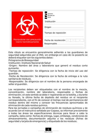 Institución
Origen
Tiempo de reposición
Manipularse con precaución
Cierre herméticamente

Fecha de recolección

DÍA

MES

AÑO

Responsable

Este rótulo se encuentra generalmente adherido a los guardianes de
seguridad adquiridos por el INS; sin embargo en caso de no poseerlo se
deberá etiquetar con los siguientes datos:
Pictograma de Bioseguridad
Institución: Instituto Nacional de Salud
·Origen: Nombre del área y laboratorio que generó el residuo corto
punzante.
·Tiempo de reposición: Se diligencia con la fecha de inicio del uso del
guardián.
·Fecha de Recolección: Se diligencia con la fecha de entrega a la ruta
sanitaria de residuos.
·Responsable: Se diligencia con el nombre de la persona encargada de
sellar el guardián.
Los recipientes deben ser etiquetados con el nombre de la mezcla,
concentración, nombre del laboratorio, responsable y fechas de
eliminación; en este sentido se debe ir registrando en la botella, y durante
su llenado, la última fecha de depósito del residuo en el recipiente
correspondiente, con el fin de conocer el tiempo real de permanencia del
residuo dentro del mismo y conocer las frecuencias aproximadas de
eliminación de cada residuo químico.
Para las jornadas o campañas de eliminación de residuos químicos y de
acuerdo con el instructivo señalado por Copaso, se informan previamente
a todas las áreas las especificaciones técnicas para llevar a cabo la
campaña, tales como: fechas de entrega, lugar, embalaje, condiciones de
almacenamiento, documentación adjunta a los residuos (fichas de
seguridad y tarjeta de emergencia) y etiquetado de los residuos.

6
SRNL-PGIRH

 
