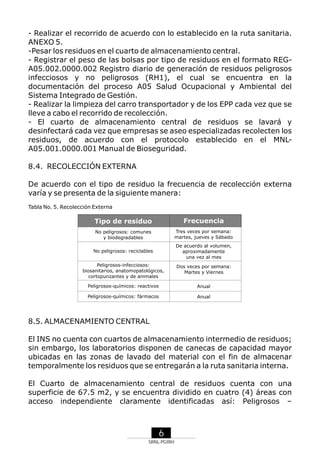 - Realizar el recorrido de acuerdo con lo establecido en la ruta sanitaria.
ANEXO 5.
-Pesar los residuos en el cuarto de almacenamiento central.
- Registrar el peso de las bolsas por tipo de residuos en el formato REGA05.002.0000.002 Registro diario de generación de residuos peligrosos
infecciosos y no peligrosos (RH1), el cual se encuentra en la
documentación del proceso A05 Salud Ocupacional y Ambiental del
Sistema Integrado de Gestión.
- Realizar la limpieza del carro transportador y de los EPP cada vez que se
lleve a cabo el recorrido de recolección.
- El cuarto de almacenamiento central de residuos se lavará y
desinfectará cada vez que empresas se aseo especializadas recolecten los
residuos, de acuerdo con el protocolo establecido en el MNLA05.001.0000.001 Manual de Bioseguridad.
8.4. RECOLECCIÓN EXTERNA
De acuerdo con el tipo de residuo la frecuencia de recolección externa
varía y se presenta de la siguiente manera:
Tabla No. 5. Recolección Externa

Tipo de residuo

Frecuencia

No peligrosos: comunes
y biodegradables

Tres veces por semana:
martes, jueves y Sábado

No peligrosos: reciclables

De acuerdo al volumen,
aproximadamente
una vez al mes

Peligrosos-infecciosos:
biosanitarios, anatomopatológicos,
cortopunzantes y de animales

Dos veces por semana:
Martes y Viernes

Peligrosos-químicos: reactivos

Anual

Peligrosos-químicos: fármacos

Anual

8.5. ALMACENAMIENTO CENTRAL
El INS no cuenta con cuartos de almacenamiento intermedio de residuos;
sin embargo, los laboratorios disponen de canecas de capacidad mayor
ubicadas en las zonas de lavado del material con el fin de almacenar
temporalmente los residuos que se entregarán a la ruta sanitaria interna.
El Cuarto de almacenamiento central de residuos cuenta con una
superficie de 67.5 m2, y se encuentra dividido en cuatro (4) áreas con
acceso independiente claramente identificadas así: Peligrosos –

6
SRNL-PGIRH

 