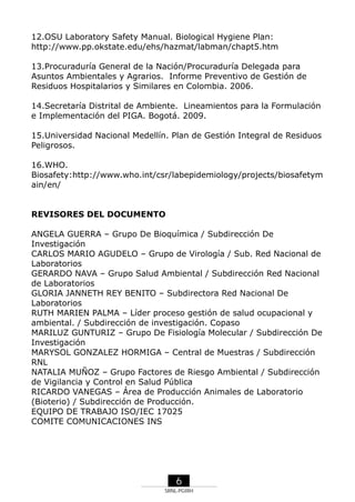 12.OSU Laboratory Safety Manual. Biological Hygiene Plan:
http://www.pp.okstate.edu/ehs/hazmat/labman/chapt5.htm
13.Procuraduría General de la Nación/Procuraduría Delegada para
Asuntos Ambientales y Agrarios. Informe Preventivo de Gestión de
Residuos Hospitalarios y Similares en Colombia. 2006.
14.Secretaría Distrital de Ambiente. Lineamientos para la Formulación
e Implementación del PIGA. Bogotá. 2009.
15.Universidad Nacional Medellín. Plan de Gestión Integral de Residuos
Peligrosos.
16.WHO.
Biosafety:http://www.who.int/csr/labepidemiology/projects/biosafetym
ain/en/

REVISORES DEL DOCUMENTO
ANGELA GUERRA – Grupo De Bioquímica / Subdirección De
Investigación
CARLOS MARIO AGUDELO – Grupo de Virología / Sub. Red Nacional de
Laboratorios
GERARDO NAVA – Grupo Salud Ambiental / Subdirección Red Nacional
de Laboratorios
GLORIA JANNETH REY BENITO – Subdirectora Red Nacional De
Laboratorios
RUTH MARIEN PALMA – Líder proceso gestión de salud ocupacional y
ambiental. / Subdirección de investigación. Copaso
MARILUZ GUNTURIZ – Grupo De Fisiología Molecular / Subdirección De
Investigación
MARYSOL GONZALEZ HORMIGA – Central de Muestras / Subdirección
RNL
NATALIA MUÑOZ – Grupo Factores de Riesgo Ambiental / Subdirección
de Vigilancia y Control en Salud Pública
RICARDO VANEGAS – Área de Producción Animales de Laboratorio
(Bioterio) / Subdirección de Producción.
EQUIPO DE TRABAJO ISO/IEC 17025
COMITE COMUNICACIONES INS

6
SRNL-PGIRH

 