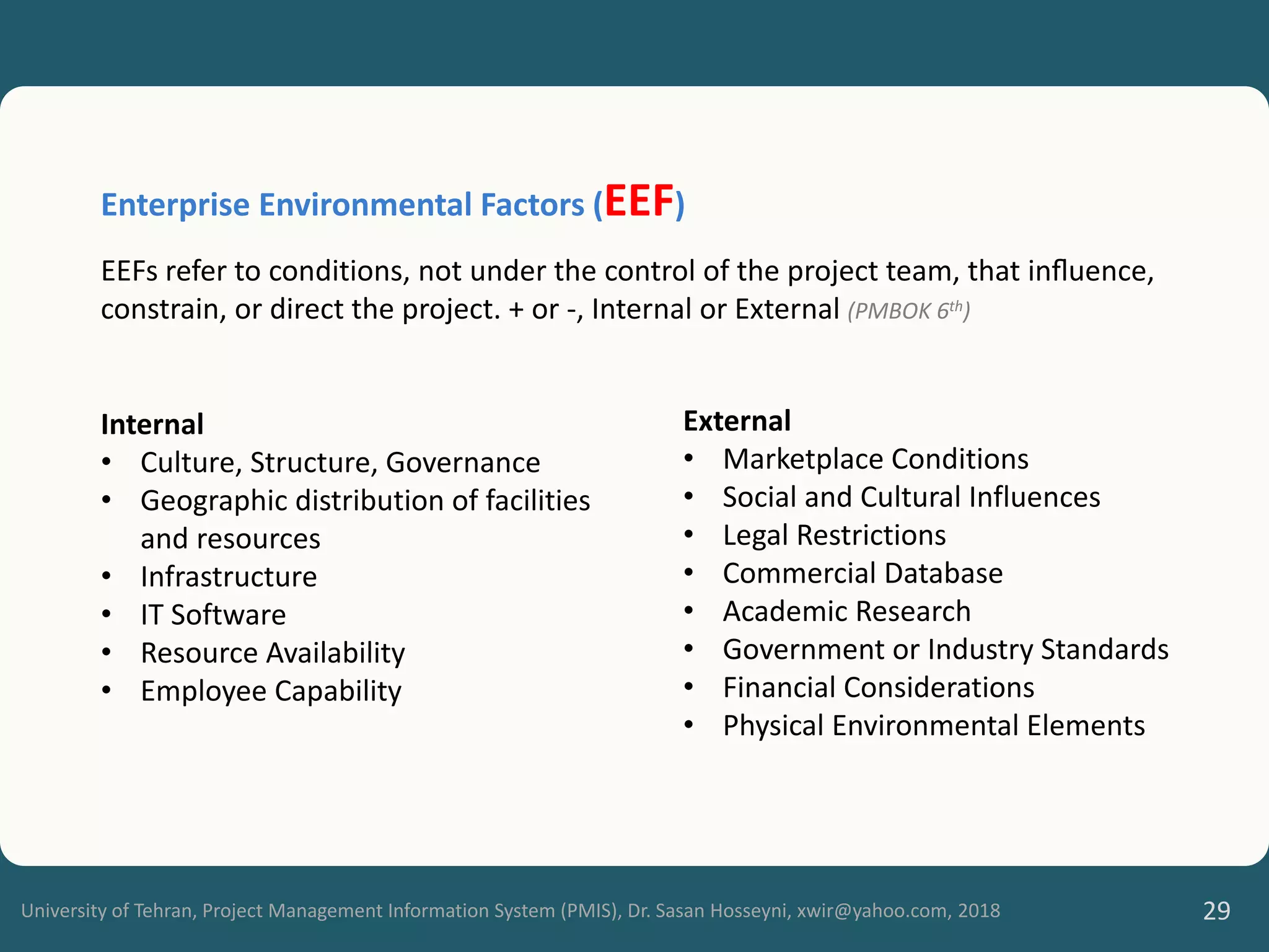 University of Tehran, Project Management Information System (PMIS), Dr. Sasan Hosseyni, xwir@yahoo.com, 2018 29
Enterprise Environmental Factors (EEF)
EEFs refer to conditions, not under the control of the project team, that inﬂuence,
constrain, or direct the project. + or -, Internal or External (PMBOK 6th)
Internal
• Culture, Structure, Governance
• Geographic distribution of facilities
and resources
• Infrastructure
• IT Software
• Resource Availability
• Employee Capability
External
• Marketplace Conditions
• Social and Cultural Influences
• Legal Restrictions
• Commercial Database
• Academic Research
• Government or Industry Standards
• Financial Considerations
• Physical Environmental Elements
 