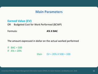 11
University of Tehran, Project Management Information System (PMIS), Dr. Sasan Hosseyni, xwir@yahoo.com, 2018
Earned Value (EV)
OR Budgeted Cost for Work Performed (BCWP)
Formula: A% X BAC
The amount expressed in dollar on the actual worked performed
If BAC = 500
If A% = 20%
then EV = 20% X 500 = 100
Main Parameters
 
