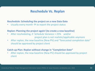 30
University of Tehran, Project Management Information System (PMIS), Dr. Sasan Hosseyni, xwir@yahoo.com, 2018
Reschedule: Scheduling the project on a new Data Date
• Usually every month  to report the project status
Replan: Planning the project again! (to create a new baseline)
• After rescheduling, if Schedule Variance > 25% and/or
project plan is not realistic/applicable anymore
• After replan, the new baseline (New PV) and “forecasted completion date”
should be approved by project client
Catch-up Plan: Replan without change in “Completion Date”
• After replan, the new baseline (New PV) should be approved by project
client
Reschedule Vs. Replan
 