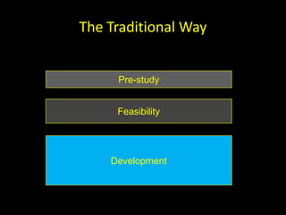 The Traditional Way


     Pre-study


     Feasability
     Feasibility




    Development
 