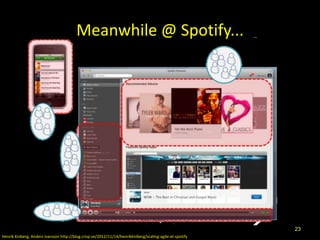 Meanwhile @ Spotify...




                                                                                                         23
Henrik Kniberg, Anders Ivarsson http://blog.crisp.se/2012/11/14/henrikkniberg/scaling-agile-at-spotify
 