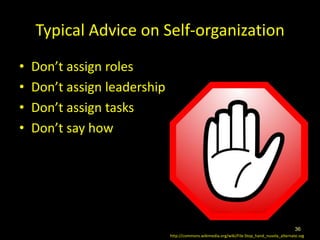 Typical Advice on Self-organization
•   Don’t assign roles
•   Don’t assign leadership
•   Don’t assign tasks
•   Don’t say how




                                                                                              36
                              http://commons.wikimedia.org/wiki/File:Stop_hand_nuvola_alternate.svg
 