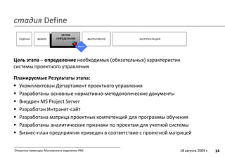 стадия Define
14Открытые семинары Московского отделения PMI
Цель этапа – определение необходимых (обязательных) характеристик
системы проектного управления
Планируемые Результаты этапа:
 Укомплектован Департамент проектного управления
 Разработаны основные нормативно-методологические документы
 Внедрен MS Project Server
 Разработан Интранет-сайт
 Разработана матрица проектных компетенций для программы обучения
 Разработаны аналитические признаки по проектам для учетной системы
 Бизнес-план предприятия приведен в соответствие с проектной матрицей
18 августа 2009 г.
 