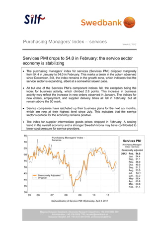 Purchasing Managers’ Index – services                                                      March 5, 2012




Services PMI drops to 54.0 in February: the service sector
economy is stabilizing
 The purchasing managers’ index for services (Services PMI) dropped marginally
  from 54.4 in January to 54.0 in February. This marks a break in the upturn observed
  since December. Still, the index remains in the growth zone, which indicates that the
  service sector is expanding, albeit at a somewhat slower pace.

 All but one of the Services PMI’s component indices fell, the exception being the
  index for business activity, which climbed 2.8 points. This increase in business
  activity may reflect the increase in new orders observed in January. The indices for
  new orders, employment, and supplier delivery times all fell in February, but all
  remain above the 50 mark.

 Service companies have ratcheted up their business plans for the next six months,
  which are now at their highest level since July. This indicates that the service
  sector’s outlook for the economy remains positive.

 The index for supplier intermediate goods prices dropped in February. A cooling
  trend in the overall economy and a stronger Swedish krona may have contributed to
  lower cost pressure for service providers.

 


                                                                                           Services PMI
                                                                                           (Purchasing Managers’
                                                                                              Index - Services)
                                                                                          Seasonally adjusted
                                                                                          2012 Feb. 54.0
                                                                                               Jan. 54.4
                                                                                               Dec. 51.1
                                                                                               Nov. 48.9
                                                                                               Oct. 49.0
                                                                                               Sep. 51.2
                                                                                               Aug. 53.5
                                                                                               Jul. 54.1
                                                                                               Jun. 53.3
                                                                                               May 56.4
                                                                                               Apr. 60.8
                                                                                               Mar. 60.8
                                                                                               Feb. 61.4




                       Next publication of Services PMI: Wednesday, April 4, 2012




             Magnus Alvesson Swedbank, Ekonomic Research Department, +46 (0)8-5859 3341
                                                    1 (4)
                       Administration, +46 (0)8-5859 7740, ek.sekr@swedbank.se
                    Sebastian Bergfelt, Silf, +46 (0)73-944 6450, professionals@silf.se
 