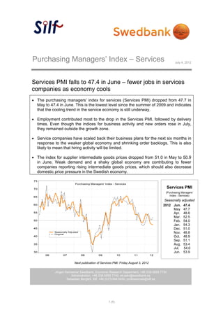 Purchasing Managers’ Index – Services                                                        July 4, 2012




Services PMI falls to 47.4 in June – fewer jobs in services
companies as economy cools
 The purchasing managers’ index for services (Services PMI) dropped from 47.7 in
  May to 47.4 in June. This is the lowest level since the summer of 2009 and indicates
  that the cooling trend in the service economy is still underway.

 Employment contributed most to the drop in the Services PMI, followed by delivery
  times. Even though the indices for business activity and new orders rose in July,
  they remained outside the growth zone.

 Service companies have scaled back their business plans for the next six months in
  response to the weaker global economy and shrinking order backlogs. This is also
  likely to mean that hiring activity will be limited.

 The index for supplier intermediate goods prices dropped from 51.0 in May to 50.9
  in June. Weak demand and a shaky global economy are contributing to fewer
  companies reporting rising intermediate goods prices, which should also decrease
  domestic price pressure in the Swedish economy.
 


                                                                                          Services PMI
                                                                                      (Purchasing Managers’
                                                                                         Index - Services)
                                                                                     Seasonally adjusted
                                                                                    2012 Jun. 47.4
                                                                                          May 47.7
                                                                                          Apr. 48.6
                                                                                          Mar. 52.5
                                                                                          Feb. 54.0
                                                                                          Jan. 54.3
                                                                                          Dec. 51.0
                                                                                          Nov. 48.8
                                                                                          Oct. 48.9
                                                                                          Sep. 51.1
                                                                                          Aug. 53.4
                                                                                          Jul. 54.0
                                                                                          Jun. 53.9


                         Next publication of Services PMI: Friday August 3, 2012


            Jörgen Kennemar Swedbank, Economic Research Department, +46 (0)8-5859 7730
                       Administration, +46 (0)8-5859 7740, ek.sekr@swedbank.se
                    Sebastian Bergfelt, Silf, +46 (0)73-944 6450, professionals@silf.se




                                                  1 (4)
 