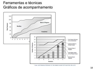 Ferramentas e técnicas
Gráficos de acompanhamento
Fonte: SOFTWARE EXTENSION TO THE PMBOK GUIDE FIFTH EDITION, PMI, 2013
18
 