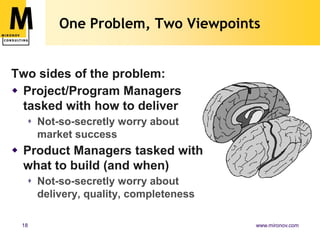 One Problem, Two Viewpoints


Two sides of the problem:
 Project/Program Managers
  tasked with how to deliver
   Not-so-secretly worry about
    market success
 Product Managers tasked with
  what to build (and when)
   Not-so-secretly worry about
    delivery, quality, completeness

 18                                   www.mironov.com
 