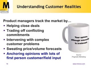 Understanding Customer Realities


Product managers track the market by…
 Helping close deals
 Trading off conflicting
  commitments
 Intervening with complex
  customer problems
 Sweating price/volume forecasts
 Anchoring opinions with lots of          Source:
                                      Pragmatic Marketing
  first person customer/field input
  19                                            www.mironov.com
 