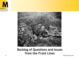 Backlog of Questions and Issues
4
         from the Front Lines       www.mironov.com
 