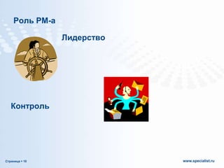 Роль РМ-а
Лидерство

Контроль

Страница  10

www.specialist.ru

 