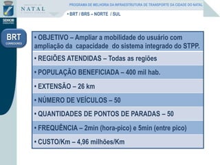 • OBJETIVO – Ampliar a mobilidade do usuário com
ampliação da capacidade do sistema integrado do STPP.
• REGIÕES ATENDIDAS – Todas as regiões
• POPULAÇÃO BENEFICIADA – 400 mil hab.
• EXTENSÃO – 26 km
• NÚMERO DE VEÍCULOS – 50
• QUANTIDADES DE PONTOS DE PARADAS – 50
• FREQUÊNCIA – 2min (hora-pico) e 5min (entre pico)
• CUSTO/Km – 4,96 milhões/Km
• BRT / BRS – NORTE / SUL
BRT
CORREDORES
PROGRAMA DE MELHORIA DA INFRAESTRUTURA DE TRANSPORTE DA CIDADE DO NATAL
 