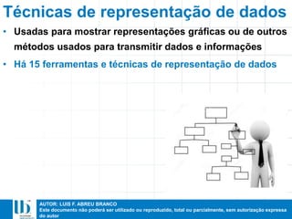 AUTOR: LUIS F. ABREU BRANCO
Este documento não poderá ser utilizado ou reproduzido, total ou parcialmente, sem autorização expressa
do autor
Técnicas de representação de dados
• Usadas para mostrar representações gráficas ou de outros
métodos usados para transmitir dados e informações
• Há 15 ferramentas e técnicas de representação de dados
 