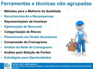AUTOR: LUIS F. ABREU BRANCO
Este documento não poderá ser utilizado ou reproduzido, total ou parcialmente, sem autorização expressa
do autor
• Métodos para a Melhoria da Qualidade
• Reconhecimento e Recompensas
• Representações da Incerteza
• Optimização de Recursos
• Categorização de Riscos
• Planeamento em Ondas Sucessivas
• Compressão do Cronograma
• Análise da Rede do Cronograma
• Análise para Seleção de Fontes
• Estratégias para Oportunidades
Ferramentas e técnicas não agrupadas
 