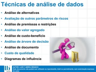 AUTOR: LUIS F. ABREU BRANCO
Este documento não poderá ser utilizado ou reproduzido, total ou parcialmente, sem autorização expressa
do autor
Técnicas de análise de dados
• Análise de alternativas
• Avaliação de outros parâmetros de riscos
• Análise de premissas e restrições
• Análise do valor agregado
• Análise de custo-benefício
• Análise de árvore de decisão
• Análise de documento
• Custo de qualidade
• Diagramas de influência
 