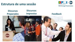 PMI Portugal Toastmasters
Discursos
Preparados
Discursos
Improviso Feedback
Estrutura de uma sessão
 