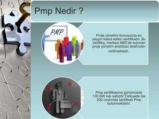 Pmp Nedir ?
Proje yönetimi konusunda en
yaygın kabul edilen sertifikadır. Bu
sertifika, merkezi ABD’de bulunan
proje yönetim enstitüsü tarafından
verilmektedir.
Pmp sertifikasına günümüzde
130.000 kişi sahiptir.Türkiyede ise
200 civarında sertifikalı Pmp
bulunmaktadır.
 
