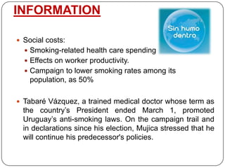 INFORMATION (cont.)Agreement with Organización Panamericana de la Salud regarding legislations to fight against tobacco consumptionStatistics:A consumer spends an average of $1.50 per day on cigarettes 800,000 consumersUs$438m per year is the industry size Us$ 100m are from PMI