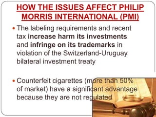 HOW THE ISSUES AFFECT PHILIP MORRIS INTERNATIONAL (PMI)The labeling requirements and recent tax increase harm its investments and infringe on its trademarks in violation of the Switzerland-Uruguay bilateral investment treatyCounterfeit cigarettes (more than 50% of market) have a significant advantage because they are not regulated
